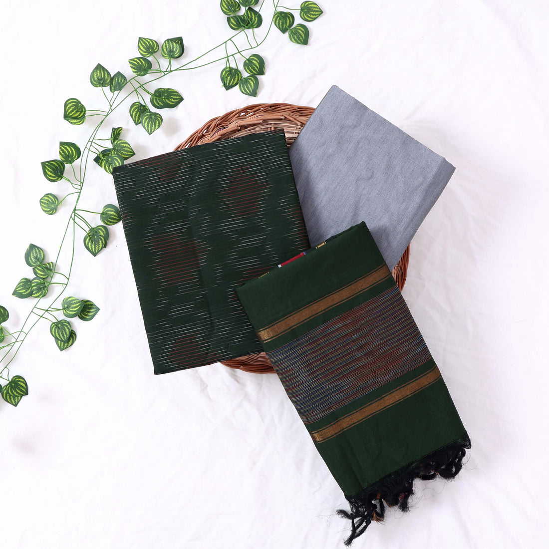 Bottle Green Cotton Unstitched Salwar Material for Women | Ethnic Summer Collection | Jeyachandran - Full View