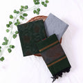 Cotton Salwar Material In Bottle Green With Striped Pattern Grey Contrast Dupatta Flat Lay View