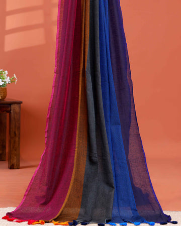 Handwoven Mul Mul Cotton Saree with Bold Striped Pattern and Tassel Detailing - Multi