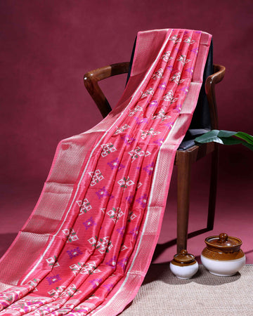 Elegant Dola Silk Saree with All-Over Ikkat Inspired Geometric Butta Motifs and Rich Traditional Zari Woven Border- Pink