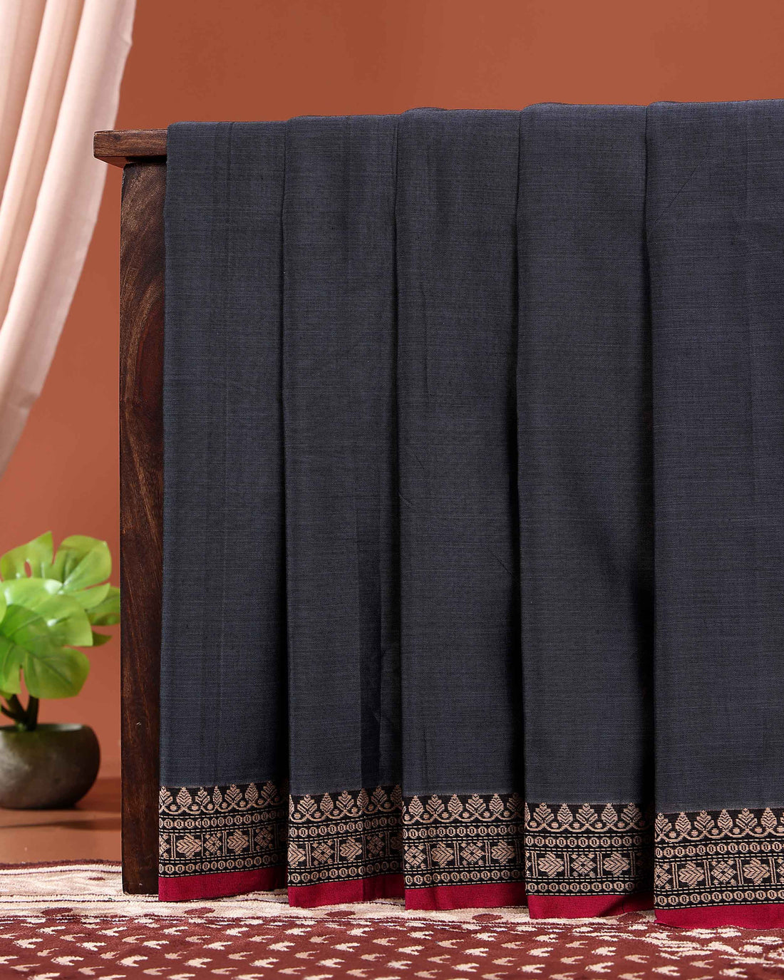 Traditional Narayanpet Cotton Saree with Traditional Zari Border & Temple Motif Detailing - Dark Grey