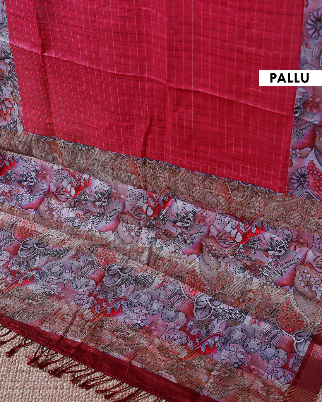 Elegant Semi Tussar Saree with Subtle Checkered Weave and Artistic Floral Patterned Border - Pink