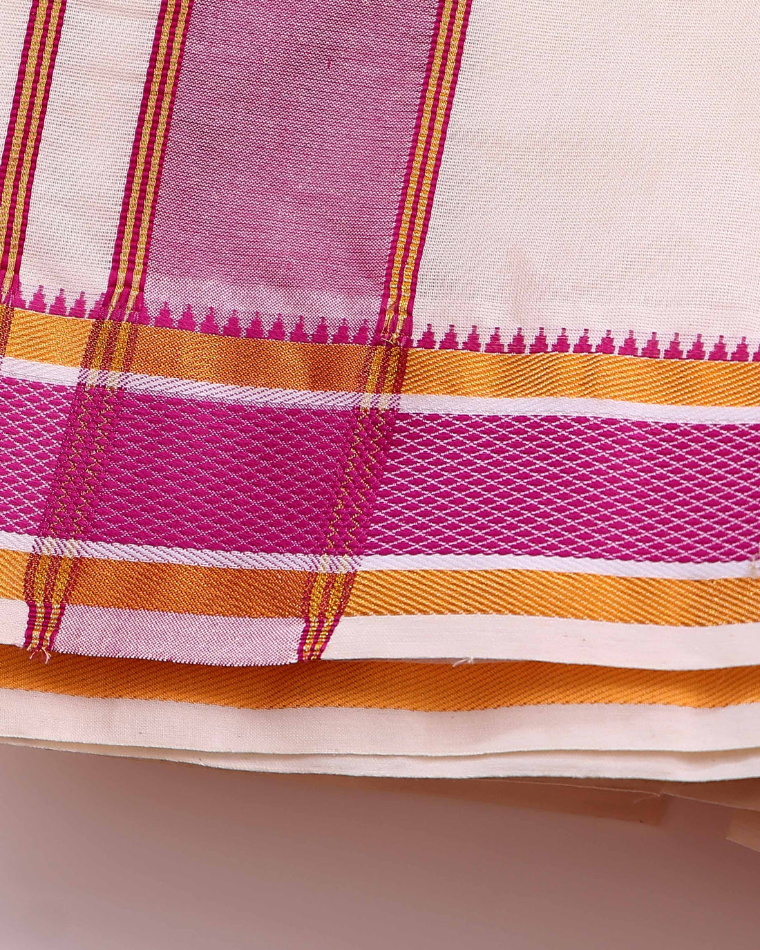 Men’s Traditional Handloom 4 Meter Cotton Dhoti with Pink Border - Off White