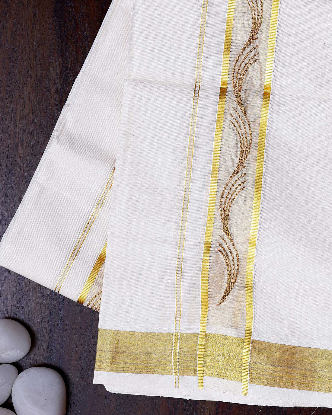 Men's Traditional Handwoven Cotton Dhoti with Gold Border and Elegant Finish - Cream