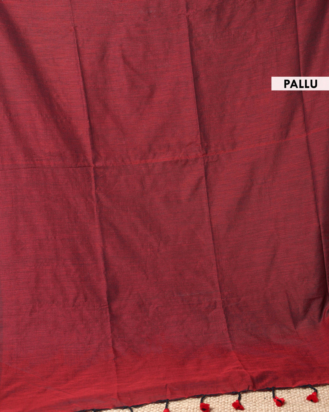 Handwoven Khadi Cotton Saree with Contrast Printed Blouse and Tassel Accents - Maroon