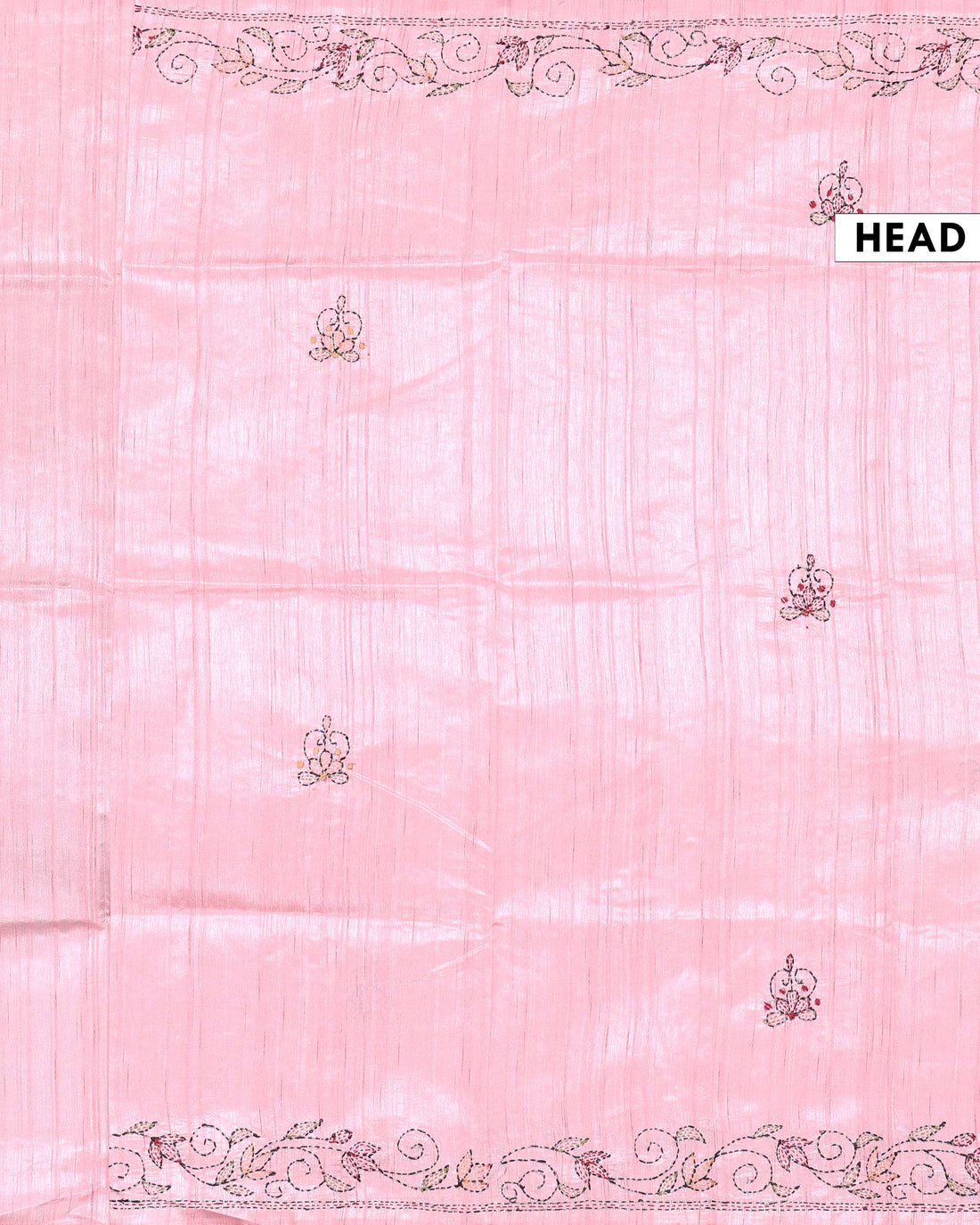 Elegant Handwoven Kantha Work Saree with Intricate Floral and Paisley Motifs and Detailed Embroidered Border - Pink