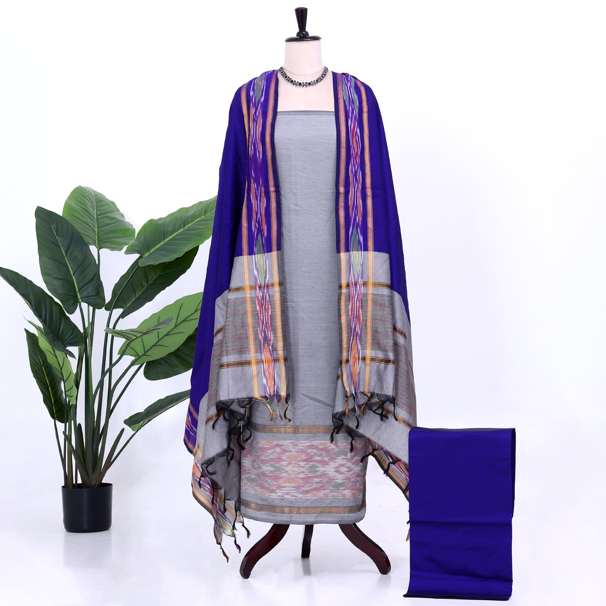 Ash Grey Cotton Unstitched Salwar Material for Women | Ethnic Summer Collection | Jeyachandran - Full View
