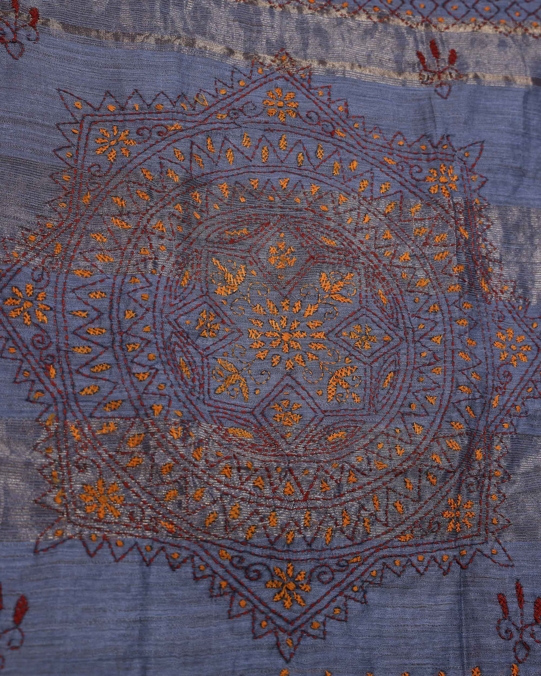 Elegant Kantha Hand Embroidered Saree with Intricate Floral Motif and Contrast Border - Grey