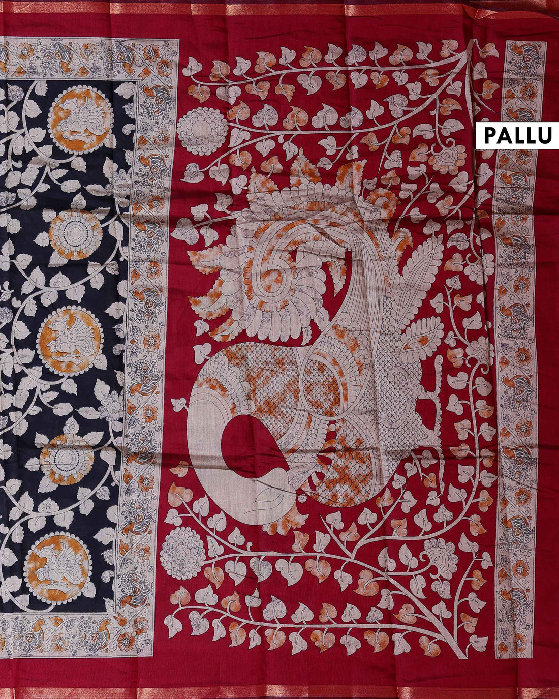 Elegant Traditional Semi Chanderi Kalamkari Saree with Peacock and Floral Motifs with Woven Border - Navy Blue