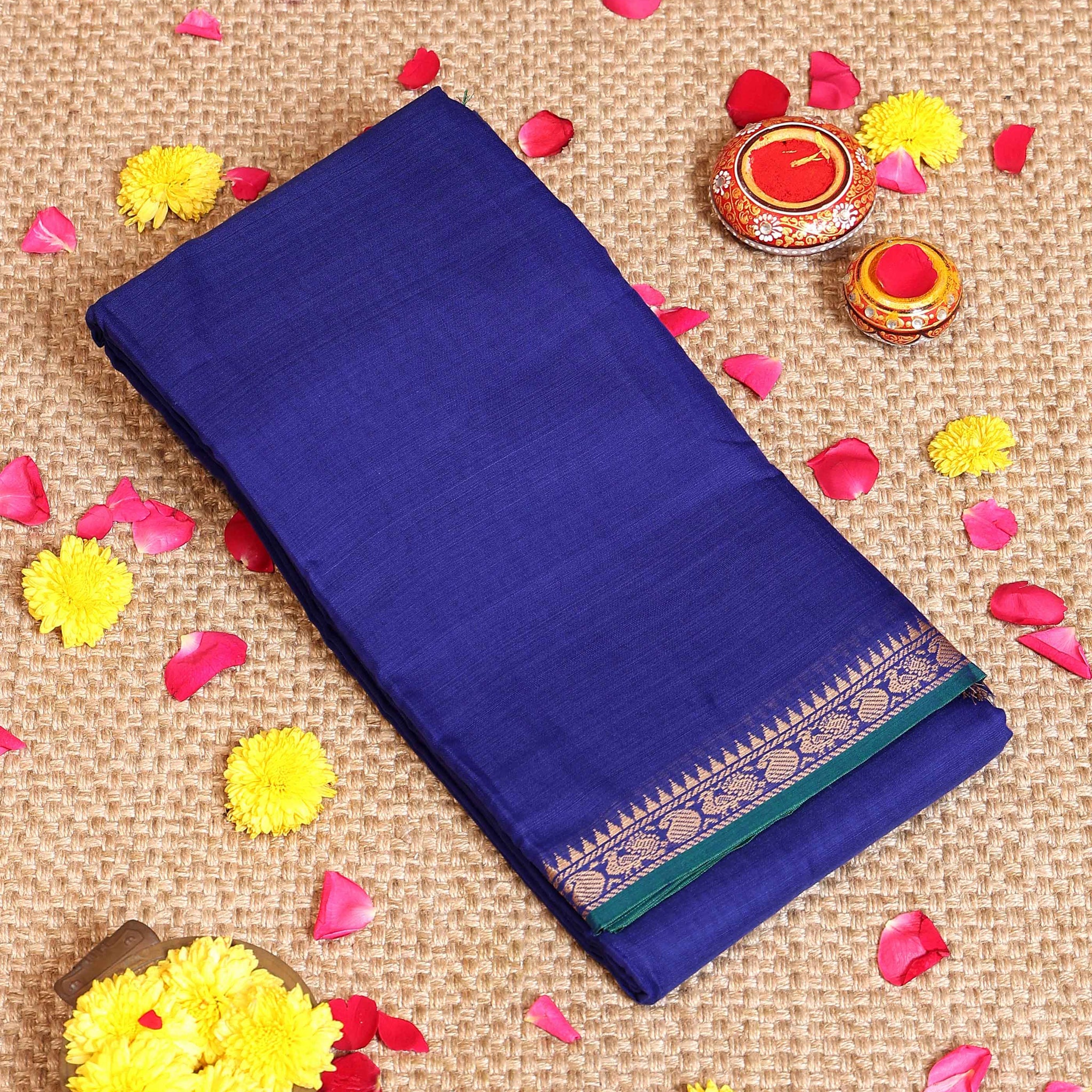 Traditional Handloom Narayanpet Cotton Saree with Zari Border and Traditional Motifs - Blue