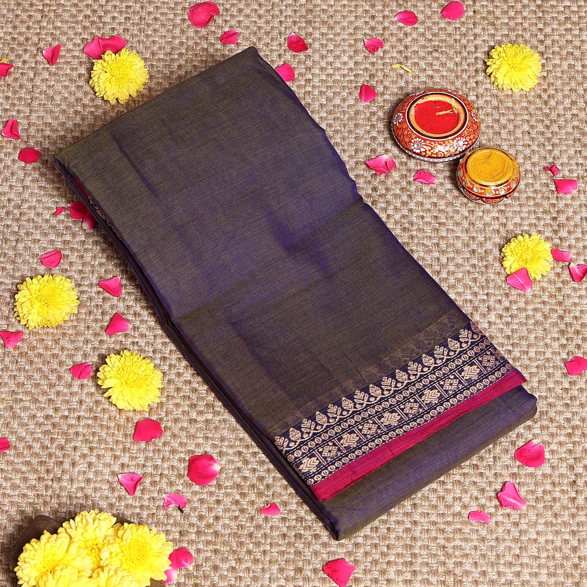 Traditional Narayanpet Cotton Saree with Traditional Zari Border & Temple Motif Detailing - Dark Purple