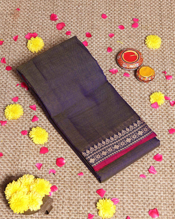 Traditional Narayanpet Cotton Saree with Traditional Zari Border & Temple Motif Detailing - Dark Purple