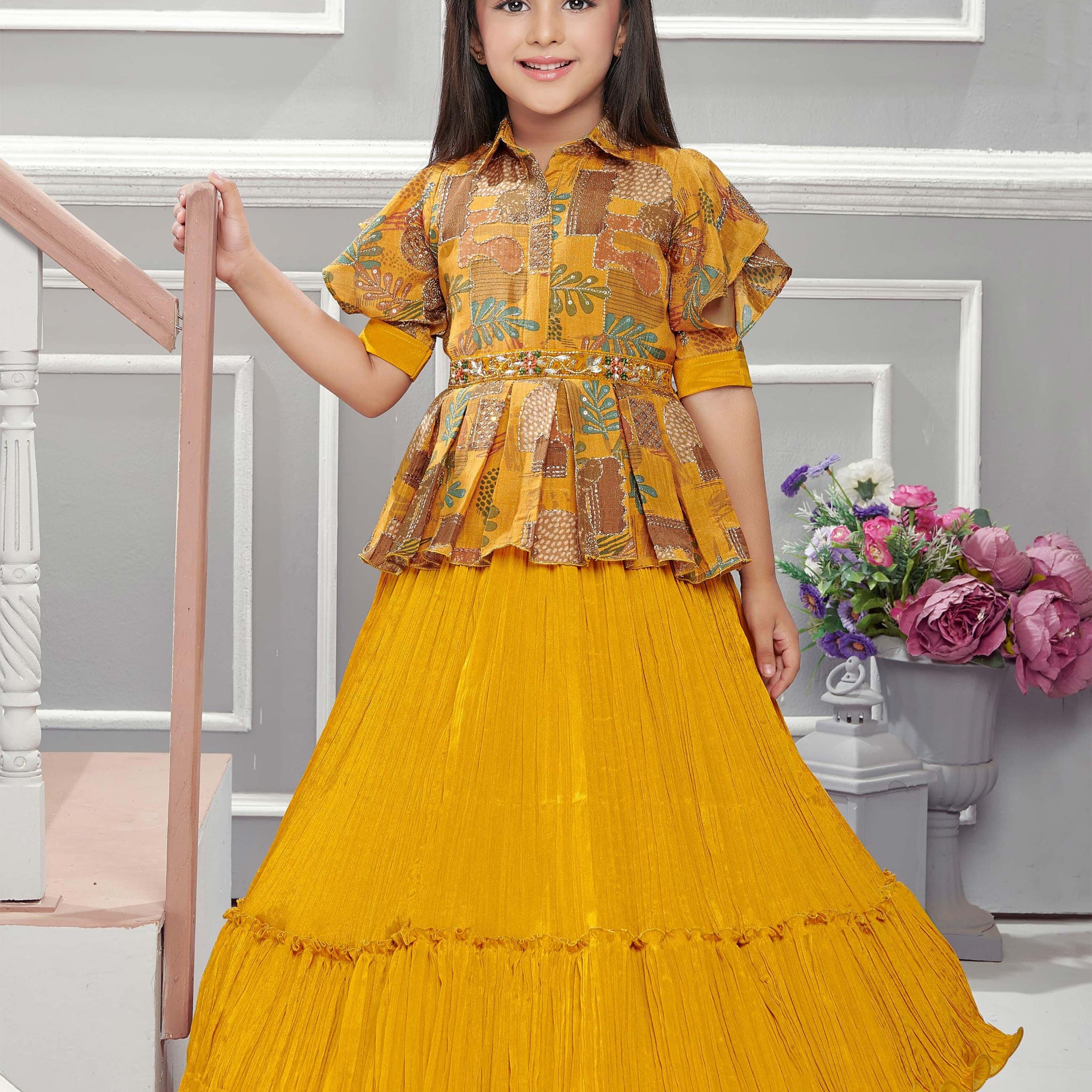 Yellow Printed Ruffled Sleeves Work Frock