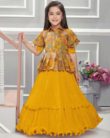 Yellow Printed Ruffled Sleeves Work Frock