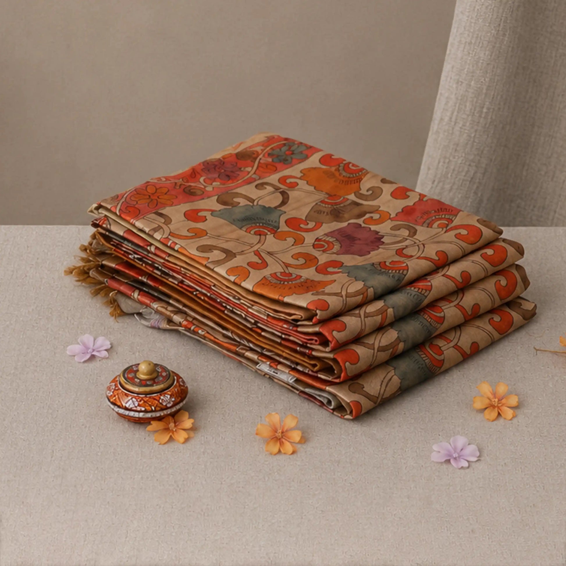 Tussar saree with multicolor artistic print, green woven border, neatly folded stack front view