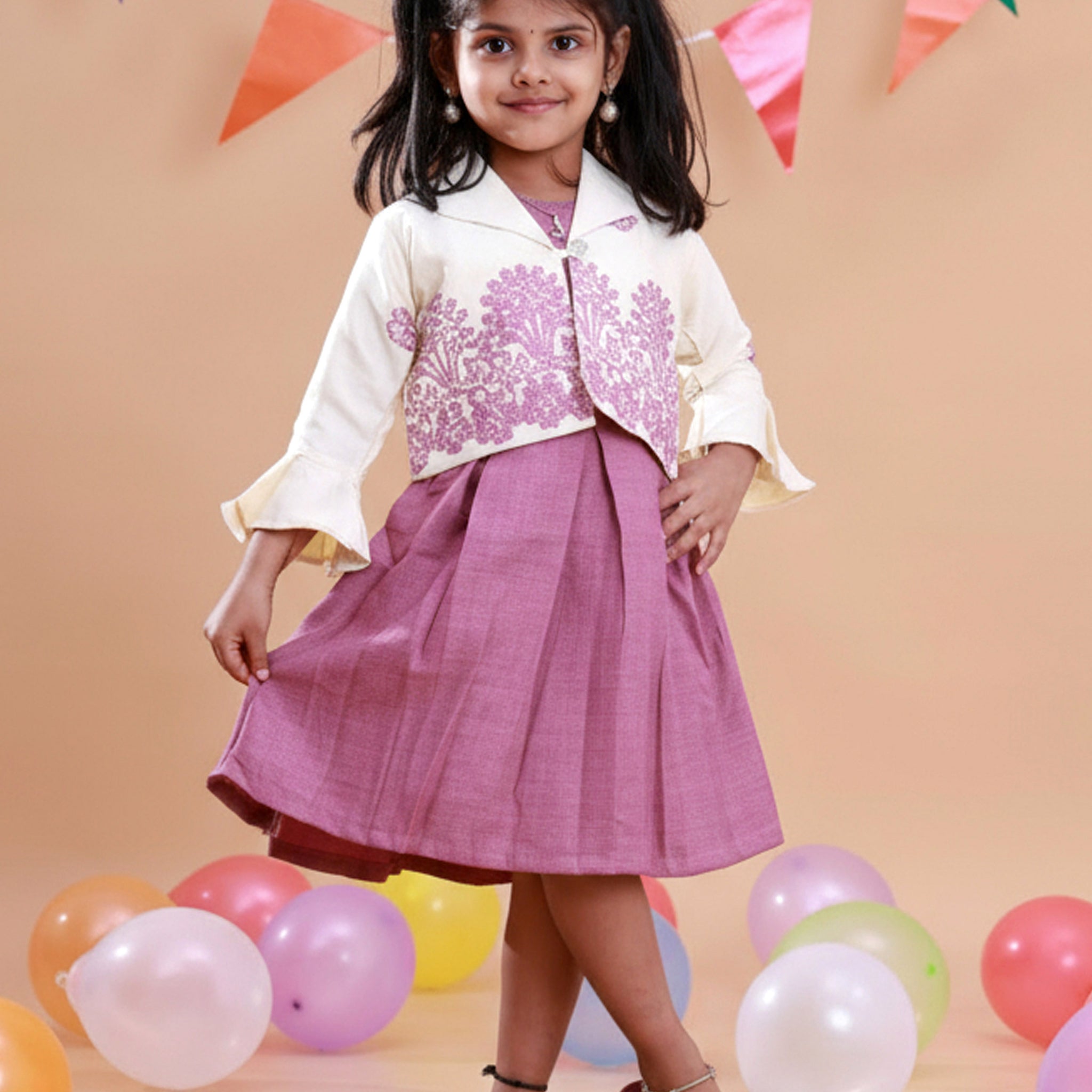 Elegant Kids' Ethnic Print Collared Frock with Pleated Skirt - Cream