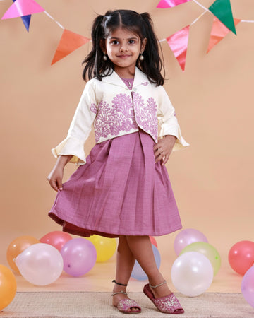 Elegant Kids' Ethnic Print Collared Frock with Pleated Skirt - Cream