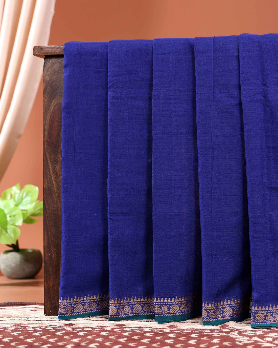 Traditional Handloom Narayanpet Cotton Saree with Zari Border and Traditional Motifs - Blue