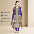 Ash Grey Salwar Suit Material With Blue Bottom Fabric And Colorful Ikat Dupatta - Front View
