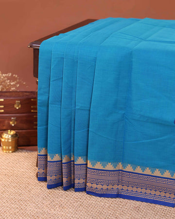 Traditional Handloom Chettinad Cotton Saree with Plain Body and Temple Inspired Thread Woven Border - Blue