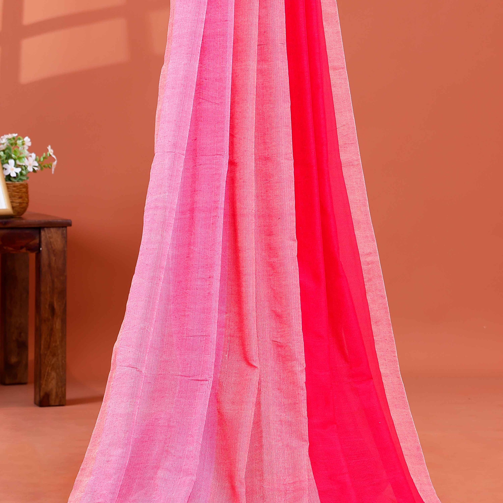 Handwoven Mul Mul Cotton Saree with Bold Striped Pattern and Tassel Detailing - Pink