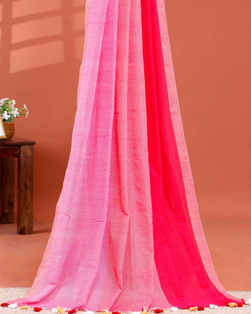 Handwoven Mul Mul Cotton Saree with Bold Striped Pattern and Tassel Detailing - Pink