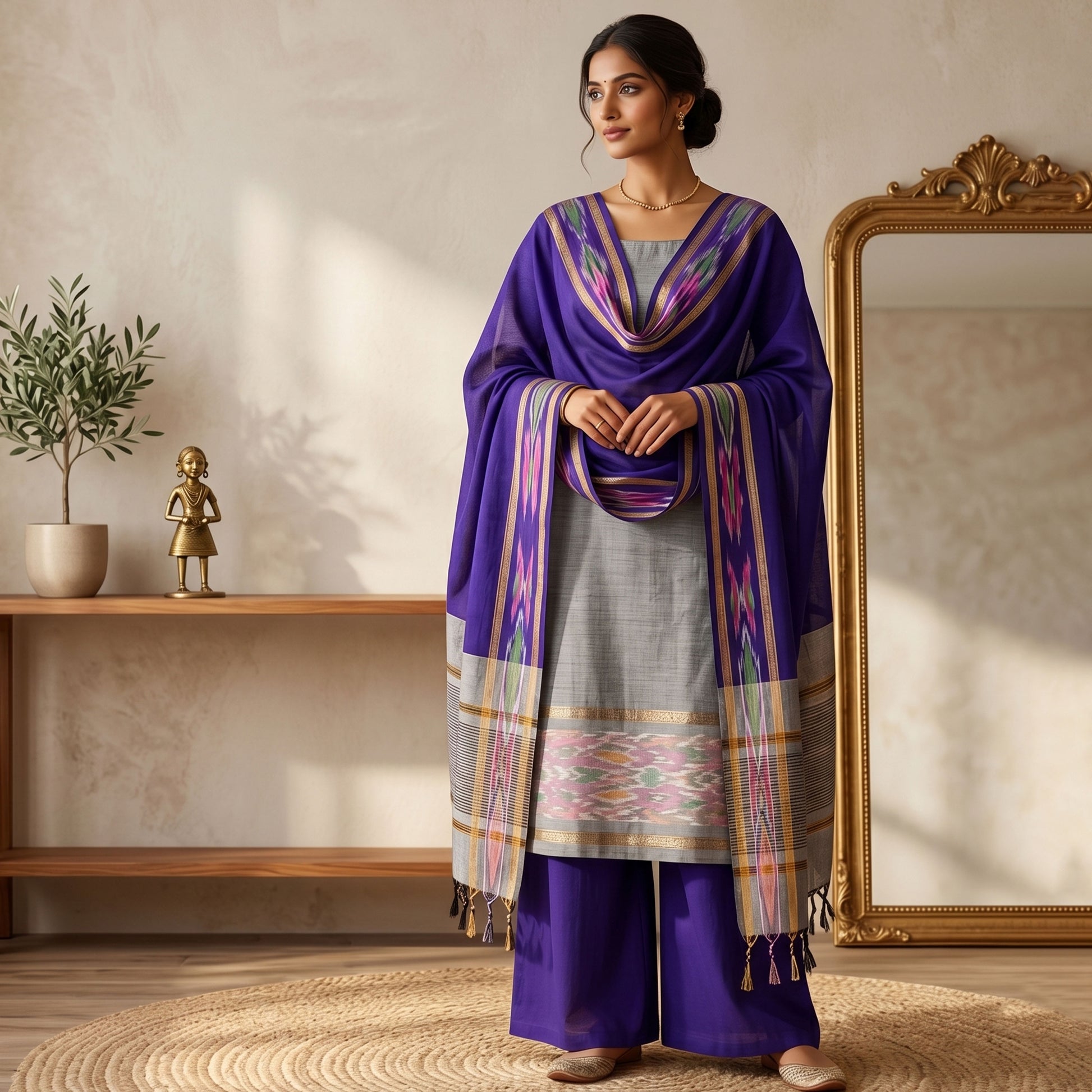 Ash Grey Salwar Material Set With Blue Pants Fabric And Colorful Ikat Dupatta Full-Length Front View