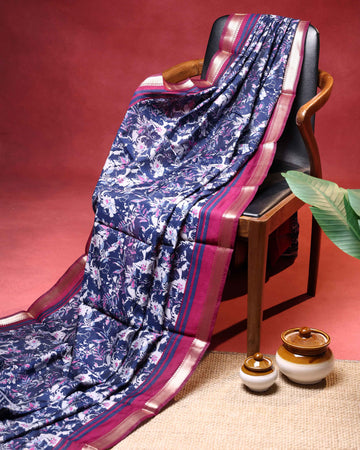 Elegant Semi Chanderi Saree with Floral Inspired Print and Contrast Zari Border - Blue