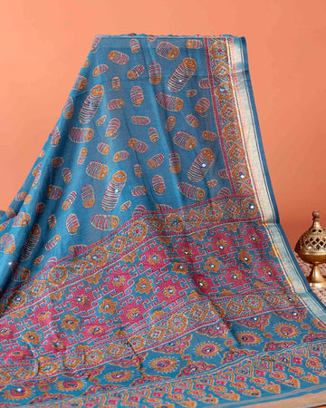Classic Semi Chanderi Saree with Floral Inspired Print and Zari Border - Blue