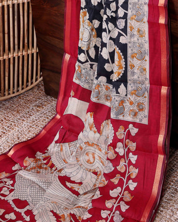 Elegant Traditional Semi Chanderi Kalamkari Saree with Peacock and Floral Motifs with Woven Border - Navy Blue