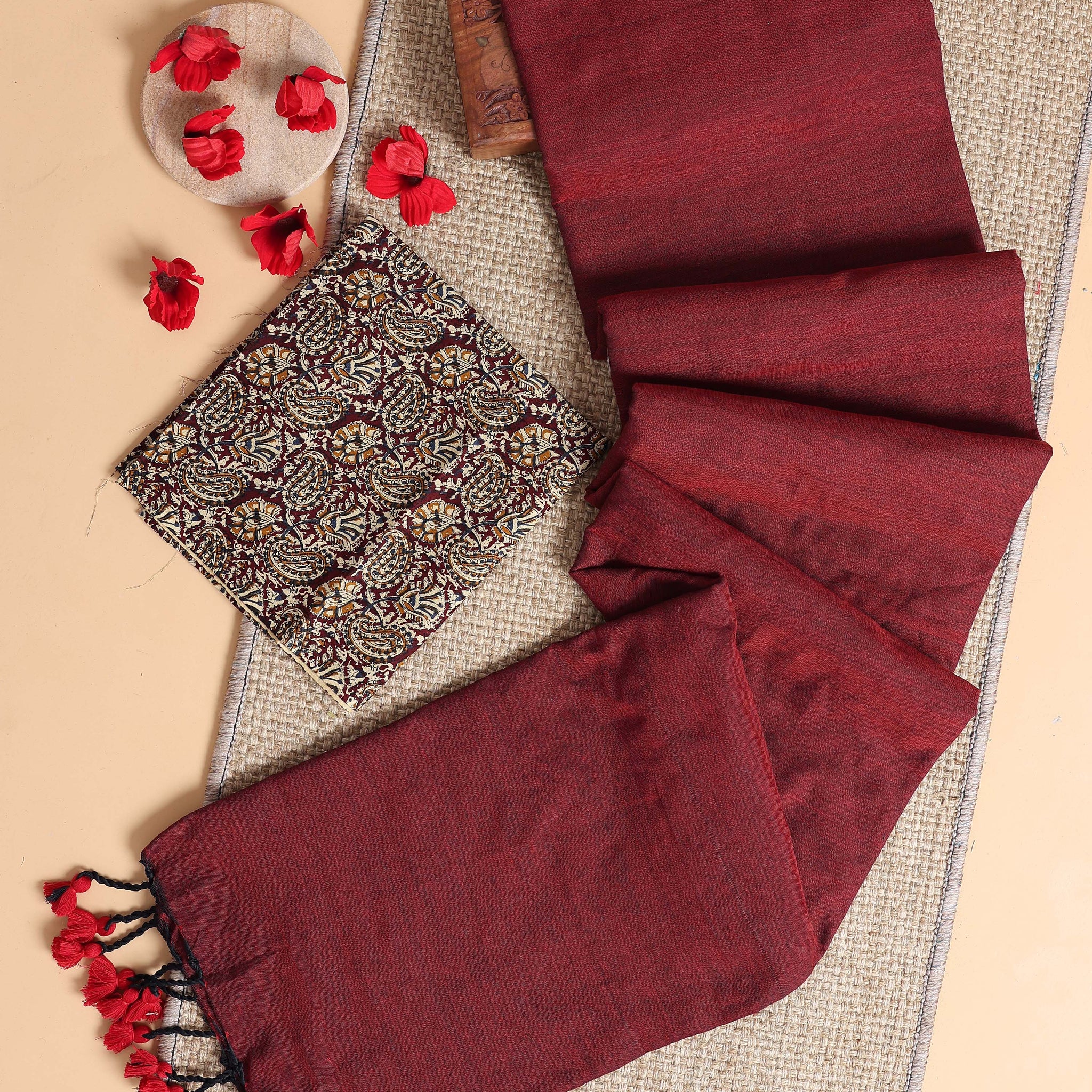 Handwoven Khadi Cotton Saree with Contrast Printed Blouse and Tassel Accents - Maroon