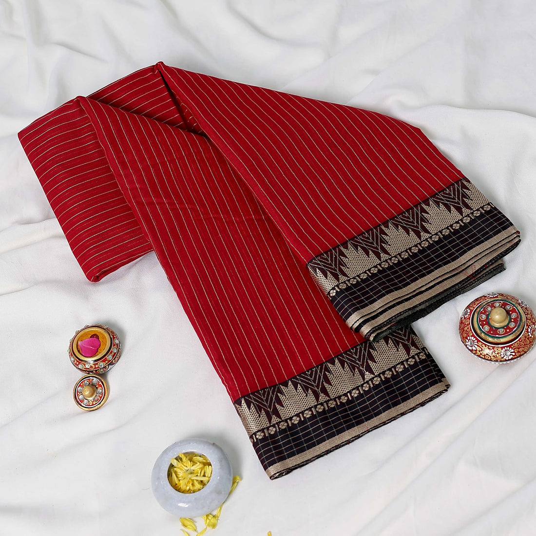 Red Mangalagiri Cotton Saree for Women | Festive Summer Collection | Jeyachandran - Full View
