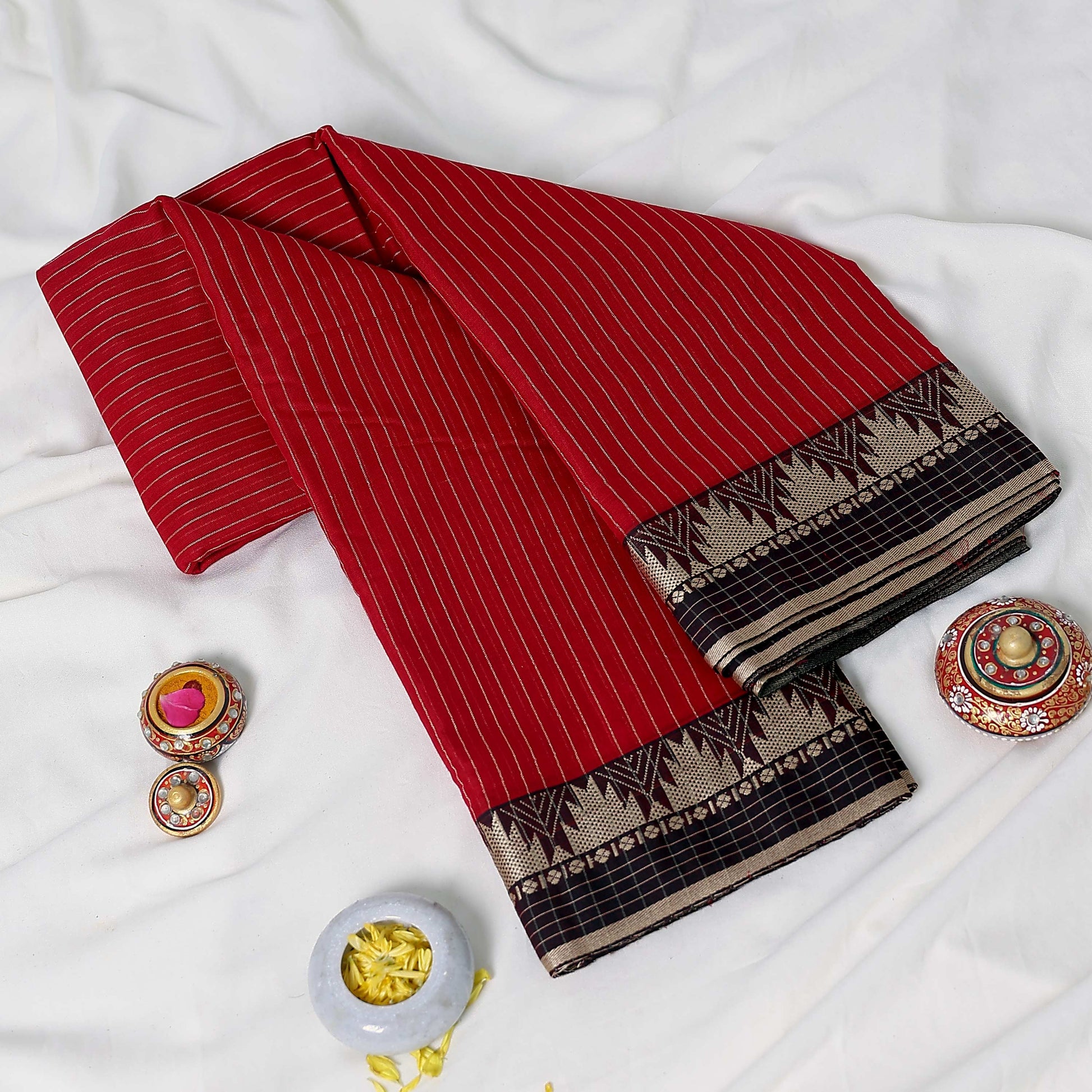 Mangalagiri Cotton Saree a Striped Weave Pattern And Traditional Temple Motif Border Suitable For Festive And Ethnic Wear