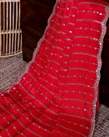Elegant Sequence Embellished Fancy Saree With a Scalloped Border - Red