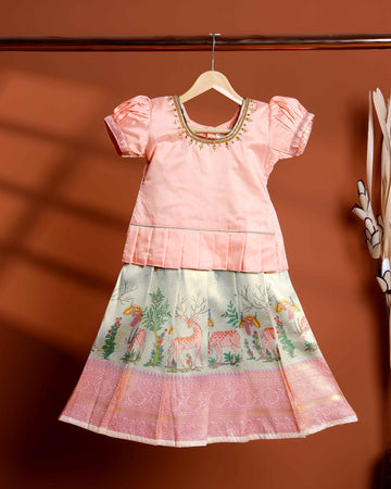 Kids Readymade Pattu Pavadai Set with Embellished Neck Puff Sleeve Blouse and Printed Skirt - Peach