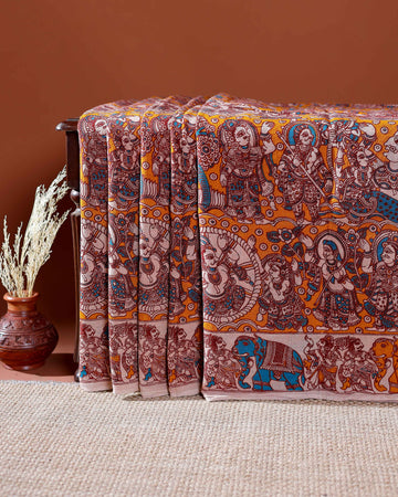 Traditional Handloom Kalamkari Cotton Saree with Intricate Floral and Avian Motifs - Multi
