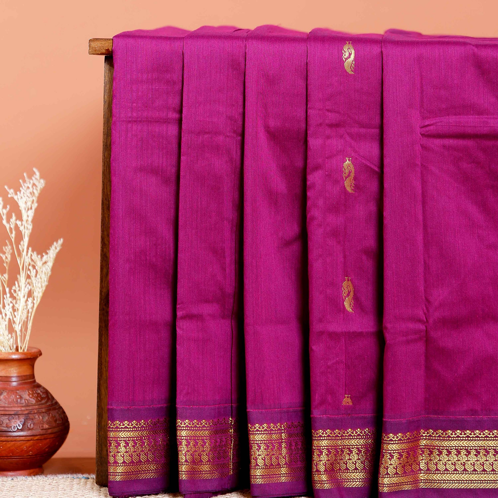 Handloom Kalyani Cotton Saree with Traditional Zari Border and Buttas - Purple