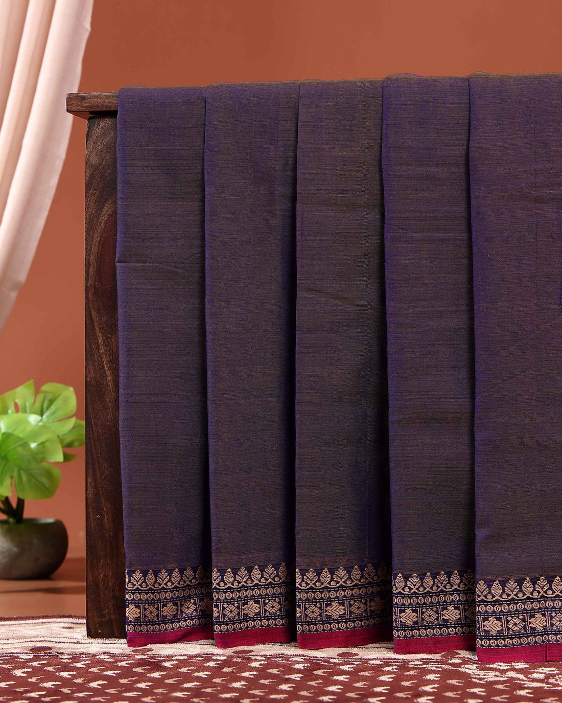 Traditional Narayanpet Cotton Saree with Traditional Zari Border & Temple Motif Detailing - Dark Purple