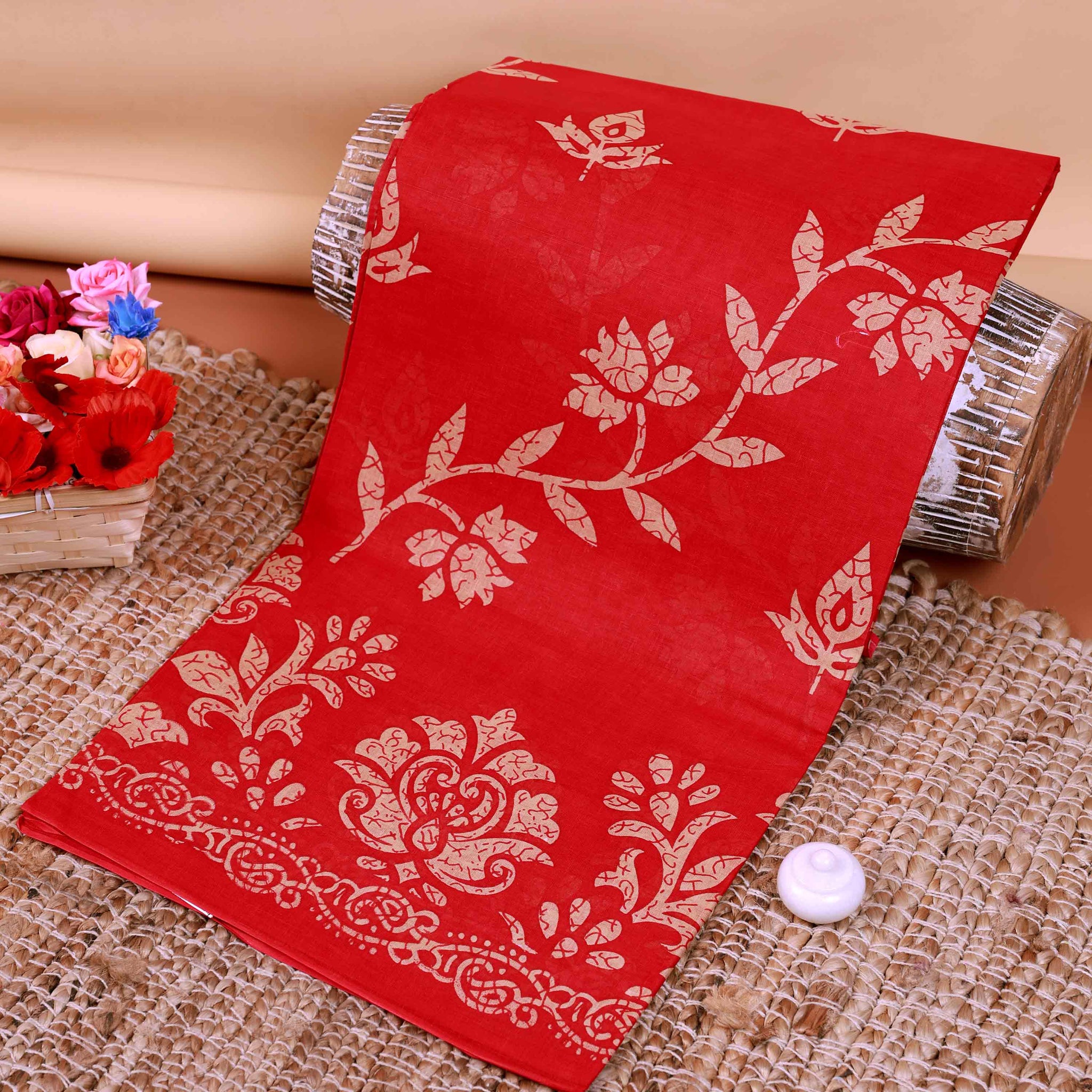 All-Over Floral Printed Voile Saree with Intricate Contrast Border – Red