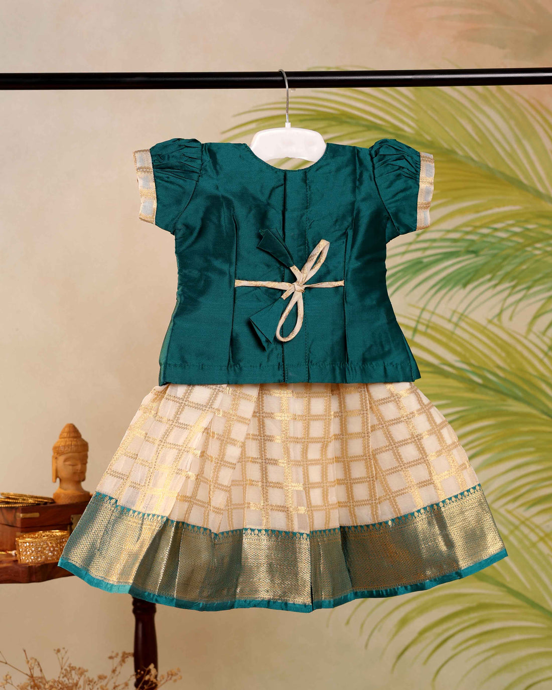 Kids Pattu Pavadai Readymade a Traditional Ethnic Gown with Zari Border & Puff Sleeves  - Bottle Green
