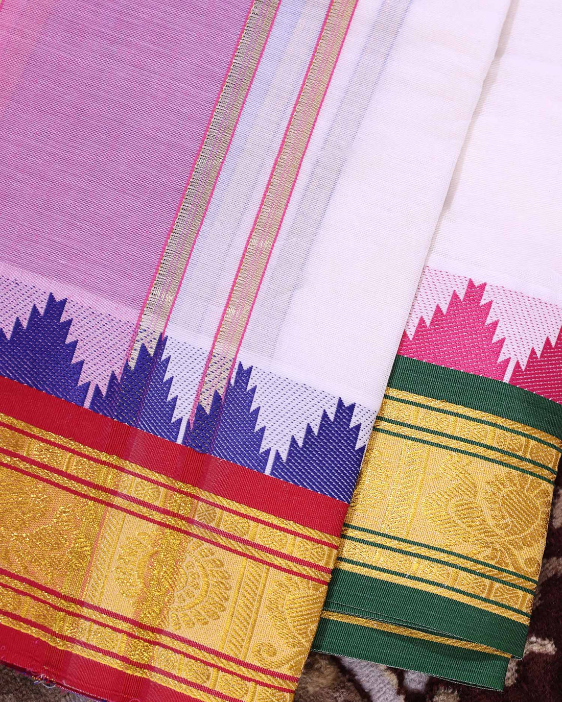 Traditional Men’s Handloom Cotton Dhoti 10*6 Meter with Elegant Multi Border – Off White