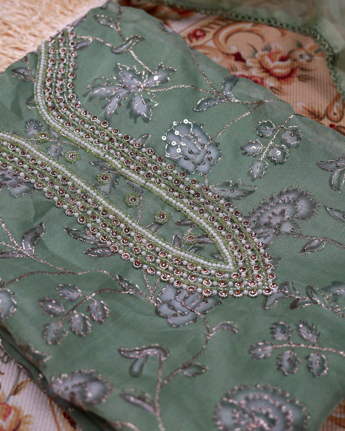 Women's Floral Embroidered Salwar Suit Material with Beaded Neckline and Net Dupatta - Green
