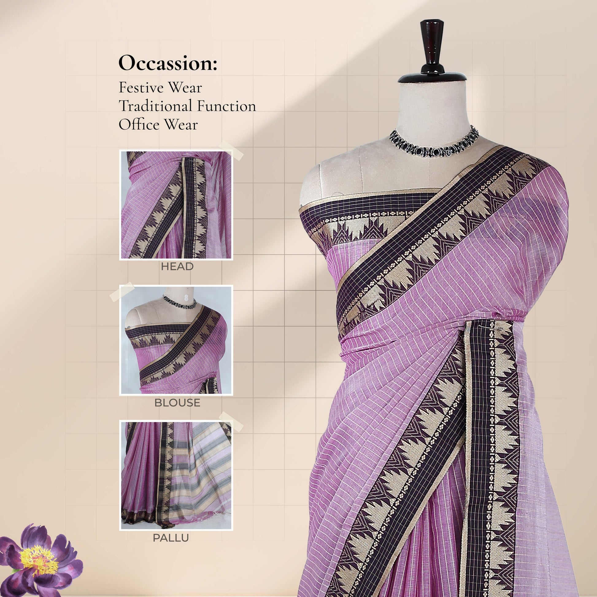 Mangalagiri Cotton Saree a Striped Weave Pattern Traditional Temple Border and Black Contrasting Pallu