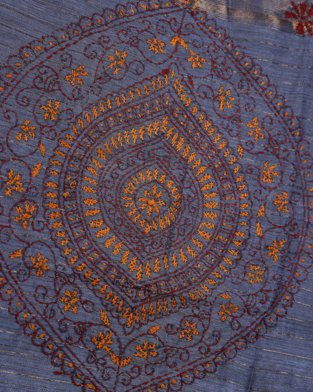 Elegant Kantha Hand Embroidered Saree with Intricate Floral Motif and Contrast Border - Grey