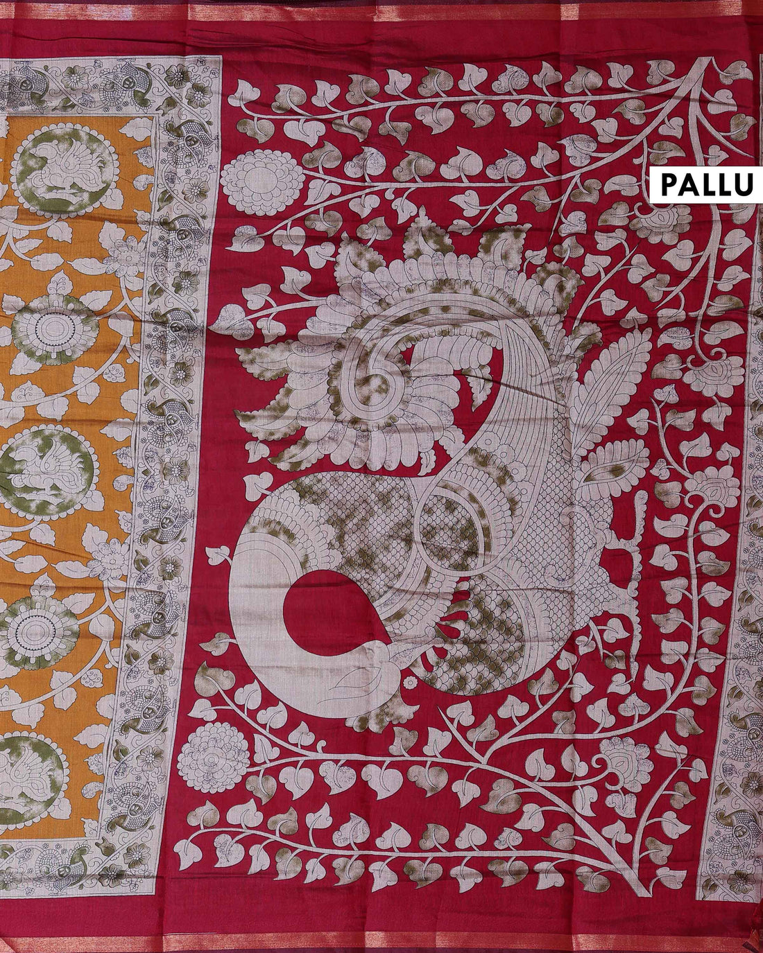 Elegant Traditional Semi Chanderi Kalamkari Saree with Peacock and Floral Motifs with Woven Border - Mustard Yellow