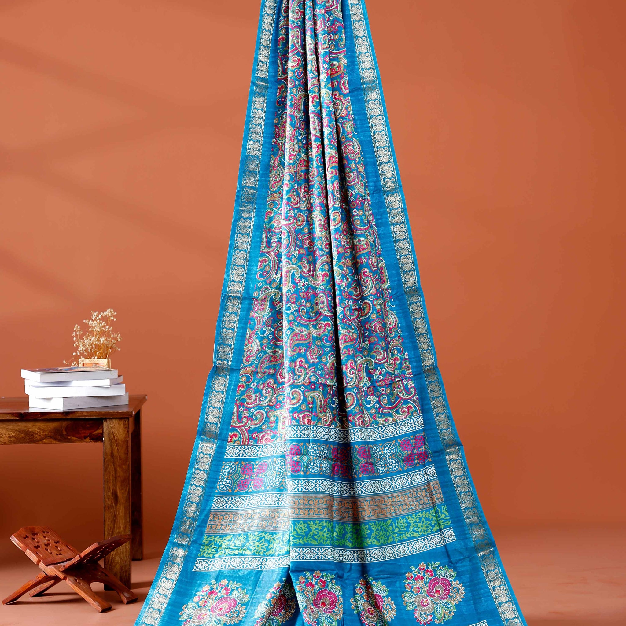 Elegant  Art Silk Saree with Intricate Threadwork and Floral Motifs - Blue