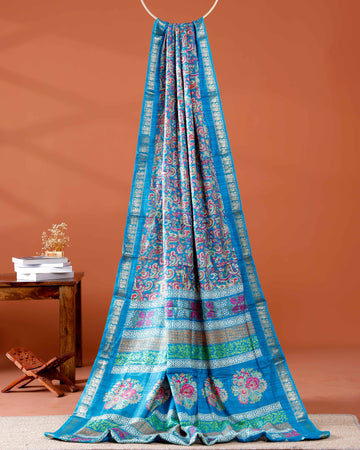 Elegant  Art Silk Saree with Intricate Threadwork and Floral Motifs - Blue