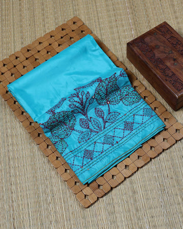 Elegant Hand Embroidered Women’s Blouse Material with Floral Thread Work and Geometric Border Design - Aqua Blue
