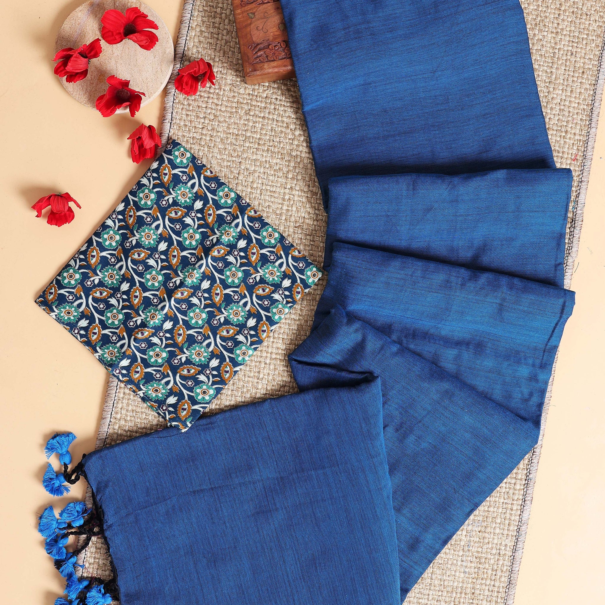 Handwoven Khadi Cotton Saree with Contrast Printed Blouse and Tassel Accents - Blue