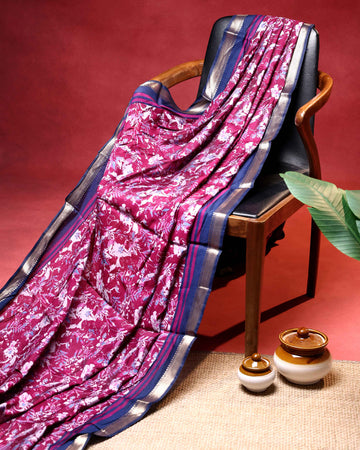 Elegant Semi Chanderi Saree with Floral Inspired Print and Contrast Zari Border - Purple